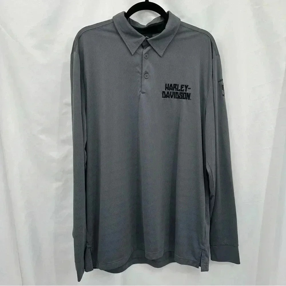 Harley-Davidson Polo Shirt Mens XL Gray Long Sleeve Embroidered Performance Logo